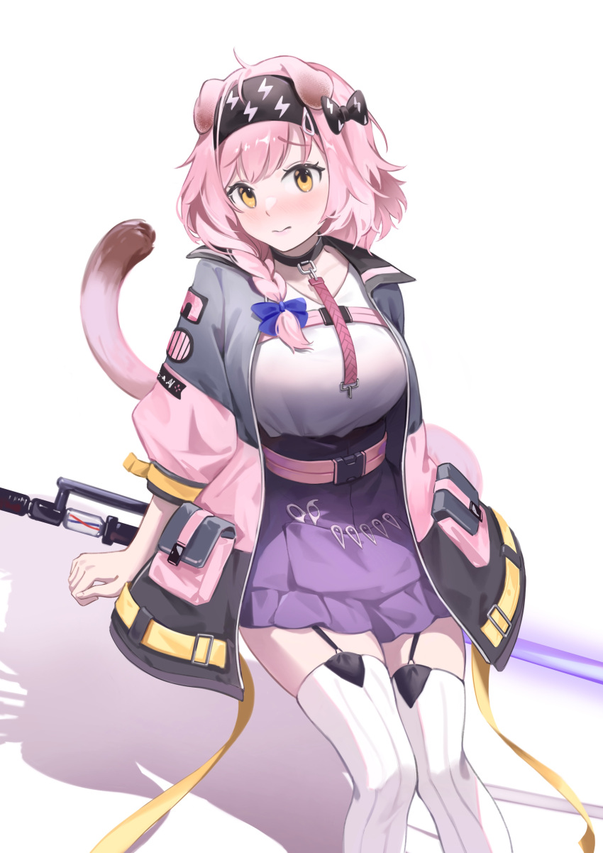 1girl absurdres animal_ears arknights bangs black_hairband blue_bow blush bow braid breasts cat_ears cat_tail commentary feet_out_of_frame garter_straps goldenglow_(arknights) hair_bow hairband high-waist_skirt highres jacket large_breasts lightning_bolt_print long_hair long_sleeves looking_at_viewer miniskirt nose_blush open_clothes open_jacket pink_hair purple_skirt shadow shirt shy simple_background single_braid sitting skirt solo tail thigh-highs white_background white_legwear white_shirt yellow_eyes yinghuahua zettai_ryouiki