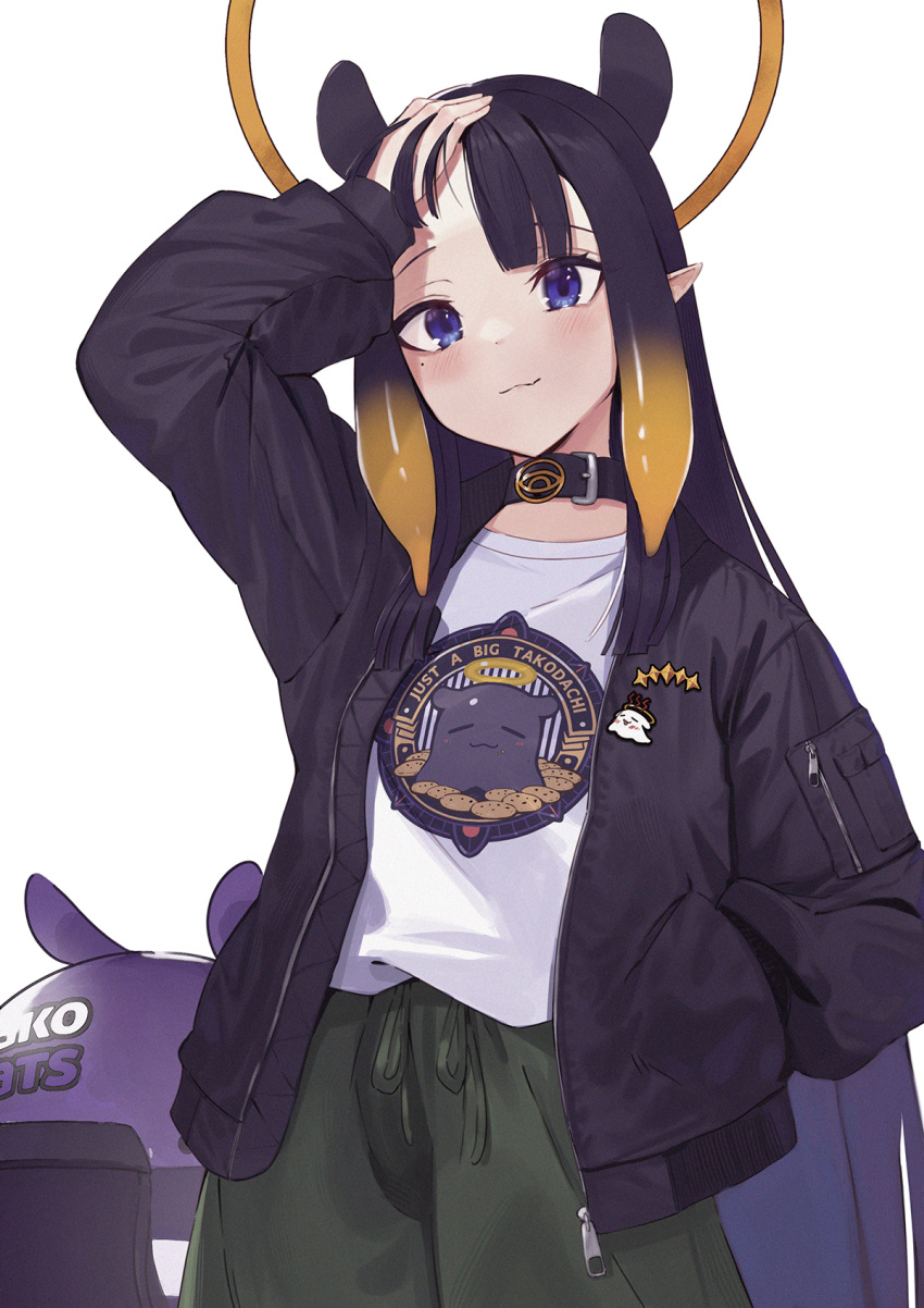 1girl animal_ears bangs blush character_print closed_mouth clothes_writing commentary english_text green_pants halo hand_in_pocket hand_on_own_head highres hololive hololive_english jacket long_hair long_sleeves looking_at_viewer mole mole_under_eye ninomae_ina'nis open_clothes open_jacket pants pointy_ears purple_hair purple_jacket ranyu shirt simple_background solo symbol-only_commentary tako_(ninomae_ina'nis) very_long_hair violet_eyes virtual_youtuber white_background white_shirt