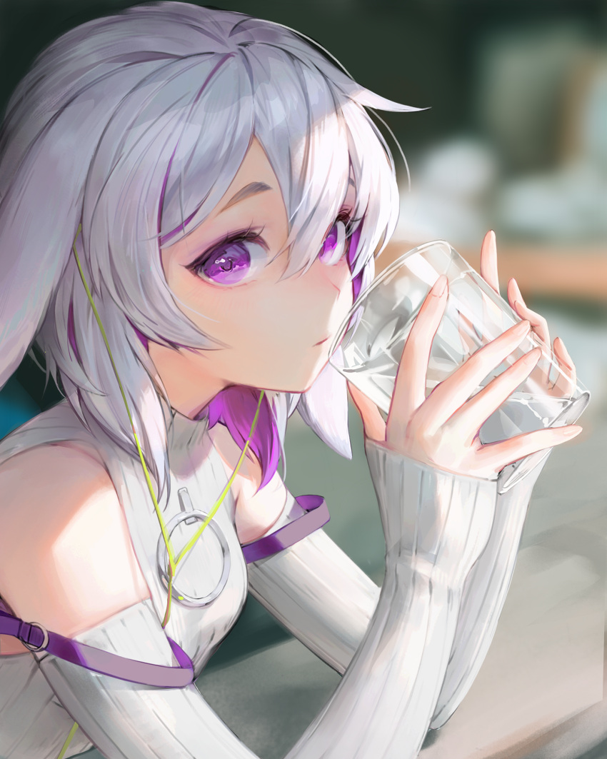 1girl animal_ears bangs bare_shoulders blurry blurry_background breasts cable colored_inner_hair cup detached_sleeves drink drinking_glass ear_down earphones elbow_rest eyelashes fingernails from_side hair_between_eyes hands_up hansum highres holding holding_cup looking_at_viewer multicolored_hair o-ring original purple_hair rabbit rabbit_ears shade short_hair sideways_glance sleeves_past_wrists small_breasts solo strap_slip turtleneck two-tone_hair upper_body violet_eyes white_hair