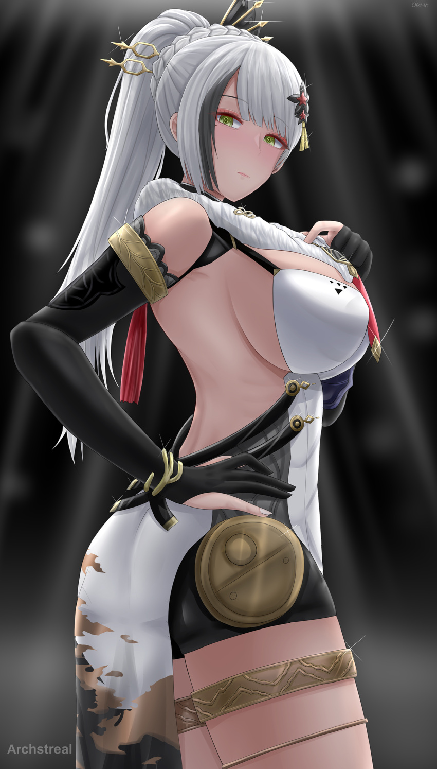 1girl archstreal bangs bare_shoulders bianca_(punishing:_gray_raven) black_background black_gloves black_hair breasts closed_mouth cowboy_shot elbow_gloves eyebrows_visible_through_hair from_side gloves green_eyes hair_ornament hairpin hand_on_hip highres large_breasts long_hair looking_at_viewer looking_to_the_side mole mole_under_eye multicolored_hair ponytail punishing:_gray_raven sideboob silver_hair solo streaked_hair thighs