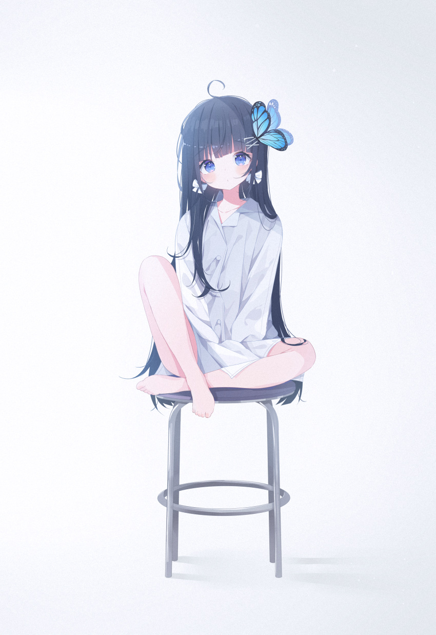 1girl absurdres ahoge aoi_nabi bangs barefoot black_hair blue_eyes blush butterfly_hair_ornament closed_mouth collared_shirt commentary deyui dress_shirt english_commentary eyebrows_visible_through_hair gradient gradient_background grey_background hair_ornament hairclip head_tilt highres indie_virtual_youtuber long_hair long_sleeves looking_at_viewer shirt sitting solo stool very_long_hair virtual_youtuber white_background white_shirt x_hair_ornament