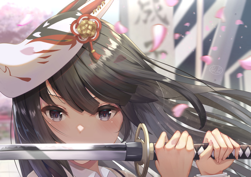 1girl absurdres agatsuma_kaede alice_gear_aegis bangs black_eyes black_hair cherry_blossoms covered_mouth eyebrows_visible_through_hair fox_mask highres holding holding_sword holding_weapon katana long_hair looking_at_viewer mask mask_on_head outdoors petals puripuri signature solo sword weapon wind