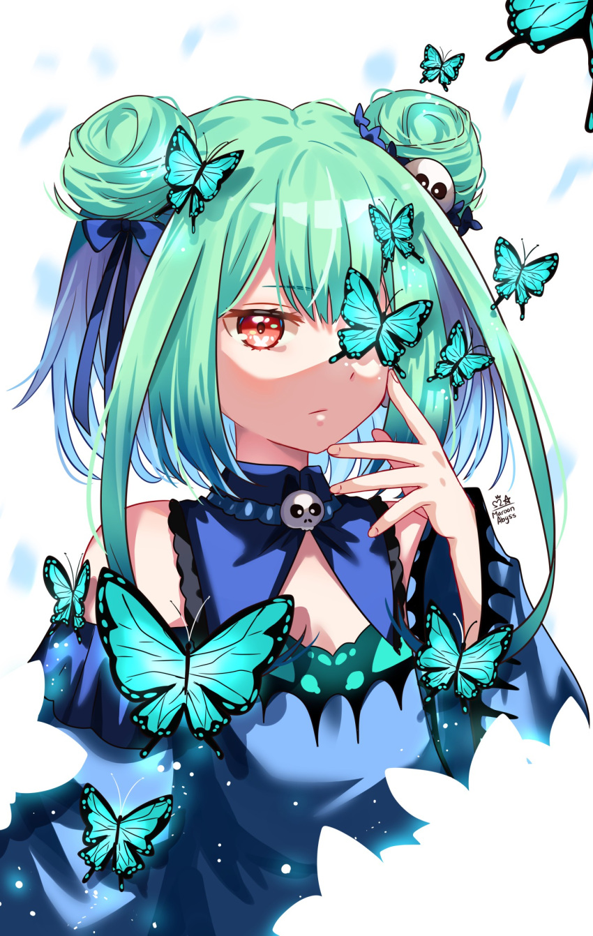 1girl ahoge animal_print blue_dress blue_hair blue_sleeves bug butterfly butterfly_print double_bun dress ghost_earrings gradient_hair green_hair hair_ornament hair_ribbon highres hololive hololive_fantasy low_twintails maroonabyss medium_hair multicolored_hair red_eyes ribbon short_twintails sidelocks skull_collar skull_hair_ornament solo twintails upper_body uruha_rushia virtual_youtuber