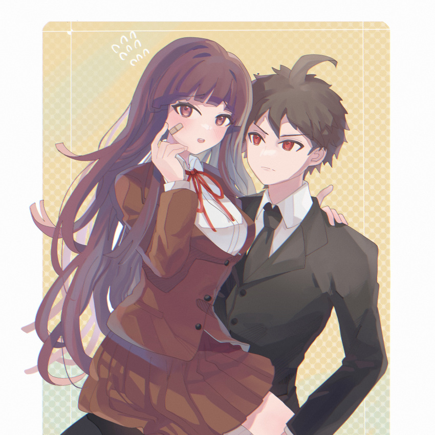 1boy 1girl absurdres ahoge bandaid bandaid_on_cheek bandaid_on_face bangs black_necktie black_suit blazer blush brown_hair brown_jacket brown_skirt closed_mouth collared_shirt commission danganronpa_(series) danganronpa_3_(anime) eyebrows_visible_through_hair formal hand_on_another's_shoulder highres hinata_hajime hope's_peak_academy_school_uniform jacket linch necktie open_mouth pixiv_request pleated_skirt red_eyes red_ribbon ribbon school_uniform shirt skirt suit teeth tsumiki_mikan upper_teeth violet_eyes