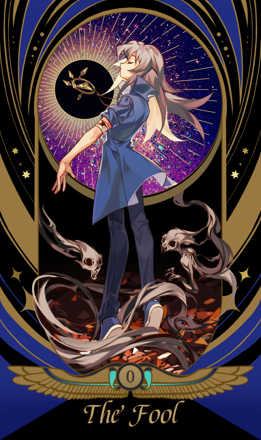 1boy absurdres bakura_ryou bandaged_arm bandages bangs blood blood_on_bandages closed_eyes denim ghost grey_hair highres jacket jeans long_hair male_focus millennium_ring pants revision shoes sleeves_rolled_up solo ssbaby standing the_fool_(tarot) yu-gi-oh! yu-gi-oh!_duel_monsters