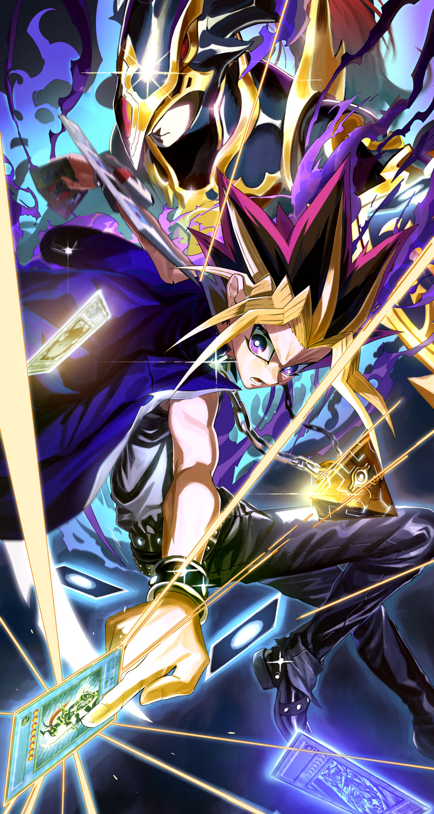 2boys absurdres black_hair black_luster_soldier black_pants blonde_hair chain collar duel_monster dyed_bangs gaia_the_fierce_knight highres holding jacket jewelry jumping kuriboh millennium_puzzle monster multicolored_hair multiple_boys mutou_yuugi ossan_zabi_190 pants shirt solo spiky_hair violet_eyes yu-gi-oh! yu-gi-oh!_duel_monsters