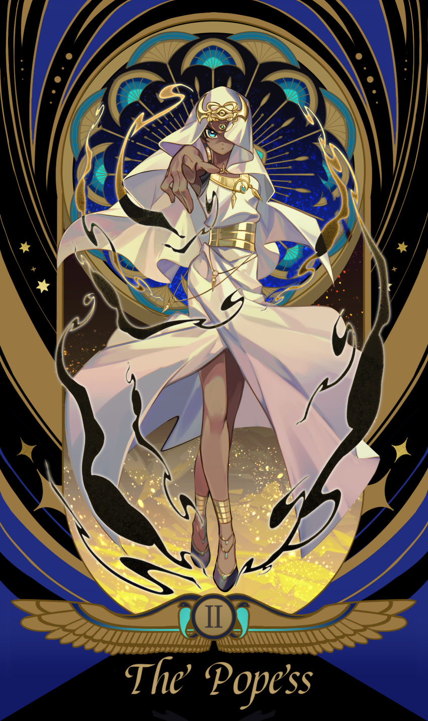 1girl absurdres armlet black_hair blue_eyes border breasts dark-skinned_female dark_skin dress egyptian english_text full_body highres ishizu_ishtar looking_at_viewer millennium_necklace pointing pointing_at_viewer revision roman_numeral sleeveless sleeveless_dress solo ssbaby tarot the_high_priestess_(tarot) yu-gi-oh! yu-gi-oh!_duel_monsters