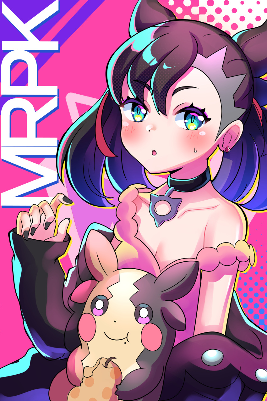 1girl :o absurdres asymmetrical_bangs bangs black_choker black_jacket black_nails blush choker collarbone dress ear_piercing eating food fruit green_eyes hair_ribbon highres jacket looking_at_viewer marnie_(pokemon) morpeko morpeko_(full) multicolored_background off_shoulder on_lap open_mouth pendant_choker piercing pink_background pink_dress pokemon pokemon_(creature) pokemon_(game) pokemon_on_lap pokemon_swsh ribbon single_bare_shoulder strap_slip sweatdrop twintails two_side_up upper_body yukimaru_(jvje4777)