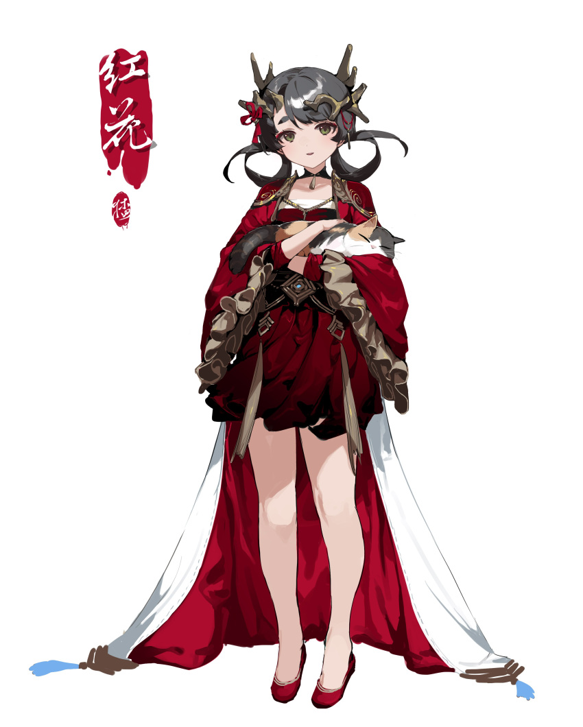 1girl absurdres animal bare_legs black_eyes black_hair calico cape cat choker cloak crossed_arms crown dress dress_shoes hair_ornament high_heels highres holding holding_animal holding_cat looking_at_viewer no_socks original red_dress red_footwear shisantian short_dress short_hair short_twintails signature thick_eyebrows twintails