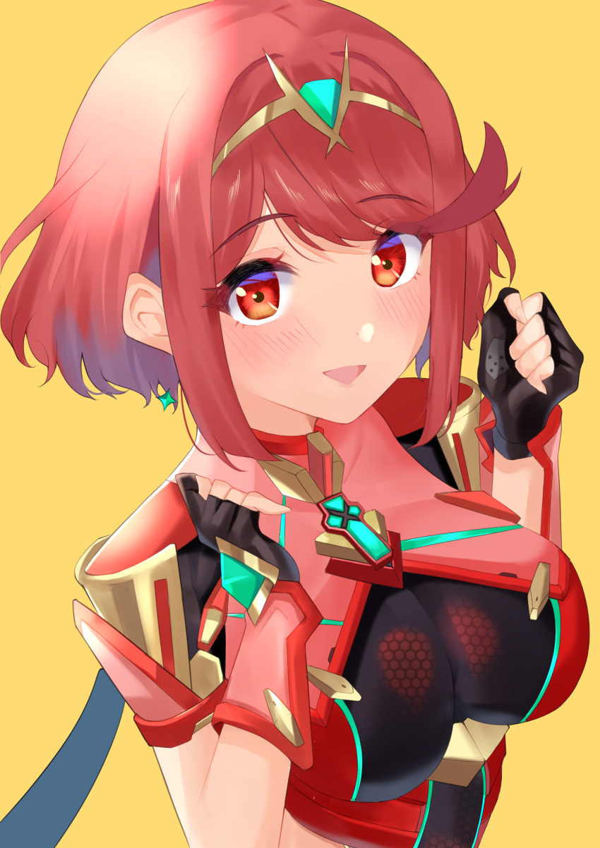 1girl armor bangs black_gloves breastplate breasts dangle_earrings earrings eyebrows_visible_through_hair fingerless_gloves gauntlets gem gloves highres jewelry kyaro_(wanu_14) large_breasts large_pectorals looking_at_viewer open_mouth pectorals pyra_(xenoblade) red_eyes redhead short_hair shoulder_armor smile swept_bangs triangle_mouth upper_body xenoblade_chronicles_(series) xenoblade_chronicles_2 yellow_background