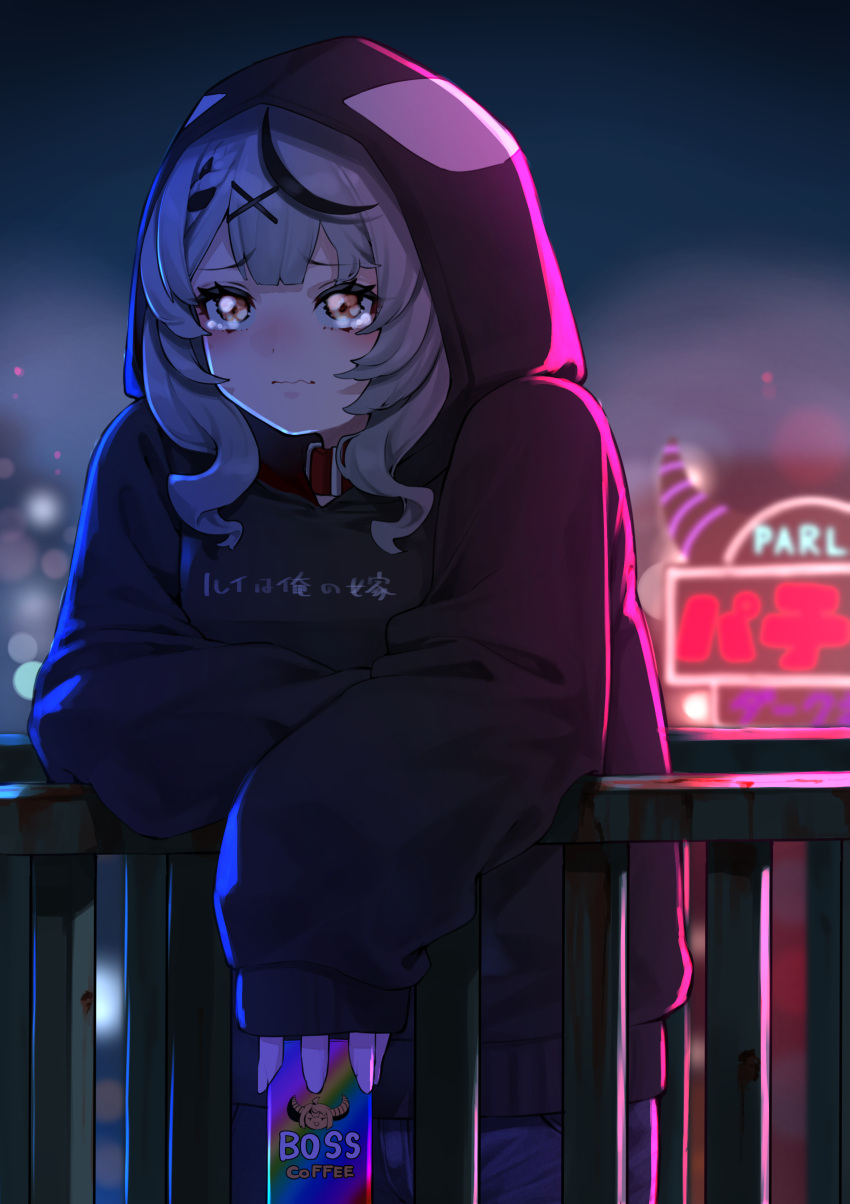 1girl absurdres against_railing bangs black_hair black_hoodie blurry blurry_background blush brown_eyes can canned_coffee closed_mouth clothes_writing collar commentary_request eyebrows_visible_through_hair hair_ornament highres holding holding_can hololive hood hood_up hoodie la+_darknesss looking_away mikan_(chipstar182) multicolored_hair neon_lights outdoors railing red_collar sakamata_chloe silver_hair solo streaked_hair tearing_up translation_request virtual_youtuber x_hair_ornament
