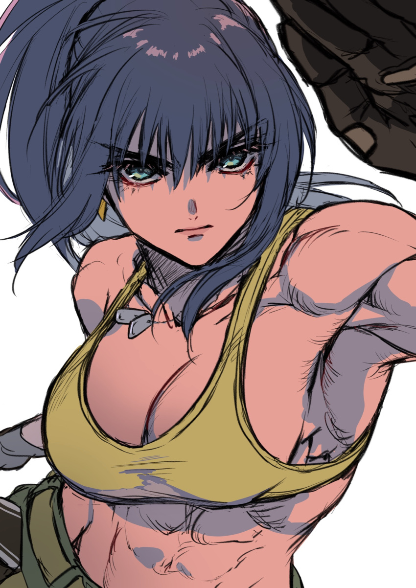 1girl abs armpits bangs beniazumaru blue_eyes blue_hair breasts camouflage clenched_hand dog_tags eyelashes highres large_breasts leona_heidern muscular muscular_female tank_top the_king_of_fighters the_king_of_fighters_xiv the_king_of_fighters_xv yellow_tank_top