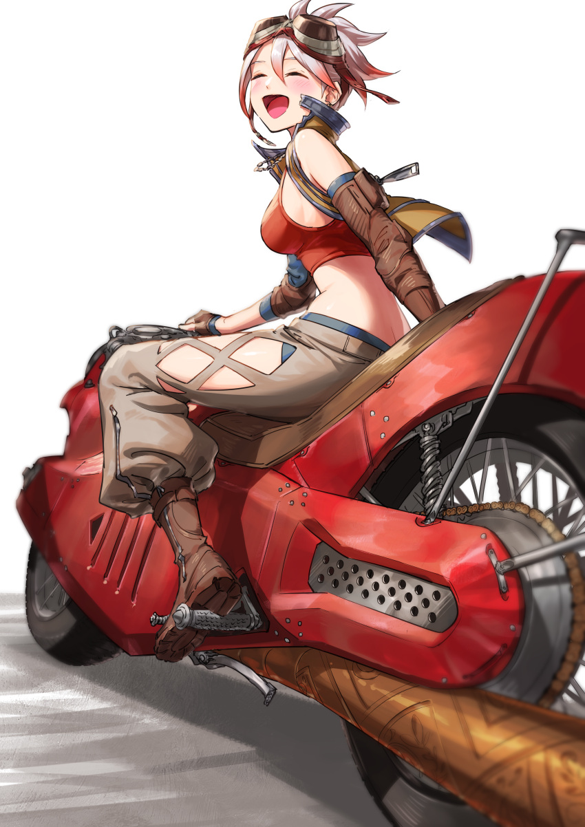 1girl absurdres bandages bare_shoulders blush boots brown_footwear brown_gloves closed_eyes clothing_cutout fingerless_gloves gloves goggles goggles_on_head gradient gradient_hair grey_hair ground_vehicle hair_between_eyes happy highres jewelry motor_vehicle motorcycle multicolored_hair necklace nemoto_yuuma open_mouth original oversized_zipper pink_hair pouch short_hair single_glove sitting smile solo spring_(object) tongue white_background zipper zipper_pull_tab