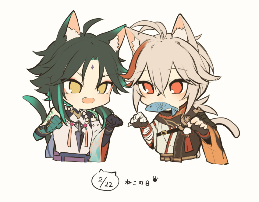 2boys ahoge animal_ear_fluff animal_ears antenna_hair arm_tattoo bandaged_arm bandages bangs bead_necklace beads black_gloves cat_boy cat_day cat_ears cat_tail chibi crossed_bangs facial_mark fang fingerless_gloves fish forehead_mark genshin_impact gloves green_hair grey_hair hair_between_eyes highres japanese_clothes jewelry kaedehara_kazuha male_focus mouth_hold multicolored_hair multiple_boys necklace open_mouth paw_pose red_eyes redhead ryu_genshin77 simple_background streaked_hair symbol-only_commentary tail tattoo xiao_(genshin_impact) yellow_eyes
