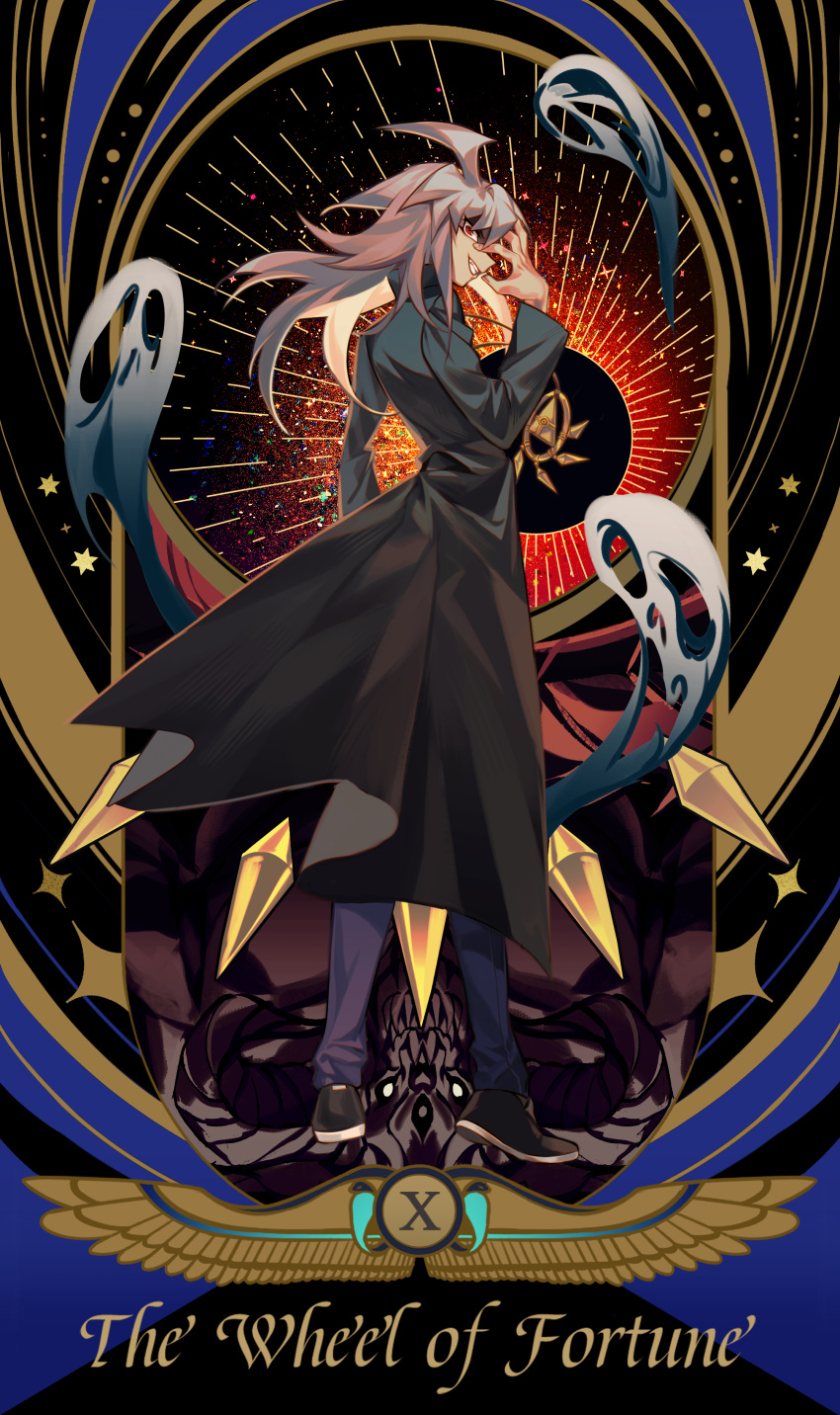 1boy absurdres border coat duel_monster english_text evil_smile full_body ghost grey_hair highres long_hair looking_at_viewer male_focus millennium_ring open_clothes open_coat red_eyes revision revival_jam roman_numeral smile solo_focus spirit ssbaby tarot wheel_of_fortune_(tarot) yami_bakura yu-gi-oh! zorc_necrophades