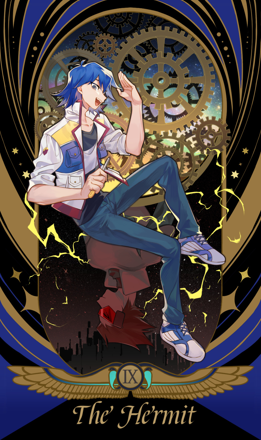1boy :d absurdres antinomy border bruno_(yu-gi-oh!) casual dark_persona denim english_text full_body highres jacket jeans male_focus open_clothes open_jacket pants revision roman_numeral salute shoes short_hair sitting smile sneakers solo_focus spoilers ssbaby tarot the_hermit_(tarot) yu-gi-oh! yu-gi-oh!_5d's