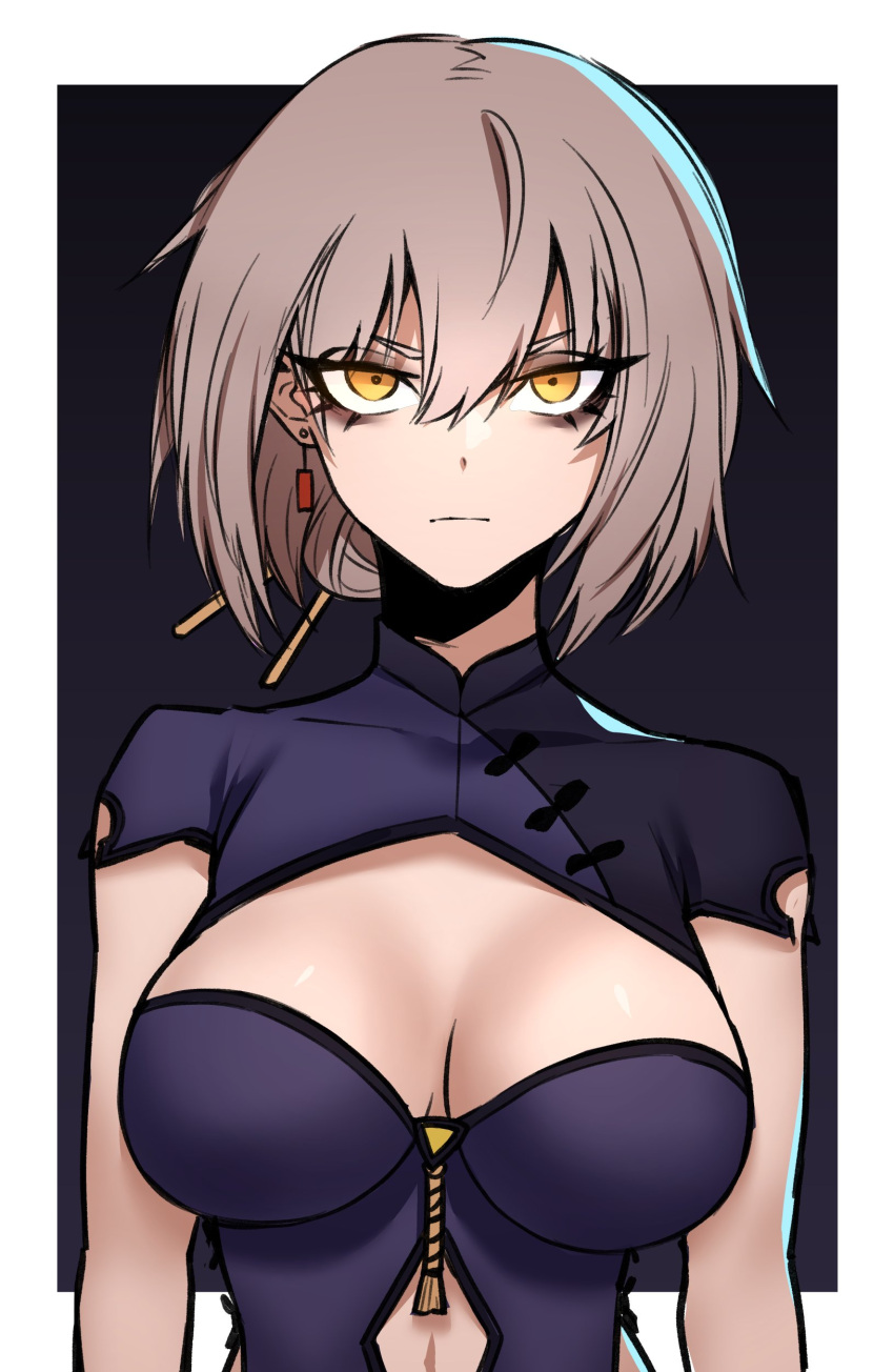 1girl absurdres bangs blue_dress breasts china_dress chinese_clothes clothing_cutout dress english_commentary expressionless fate/grand_order fate_(series) gloves highres j.k. jeanne_d'arc_(alter)_(fate) jeanne_d'arc_(fate) long_hair looking_at_viewer medium_breasts navel_cutout platinum_blonde_hair slit_pupils solo tied_hair under_boob upper_body yellow_eyes zipper zipper_pull_tab