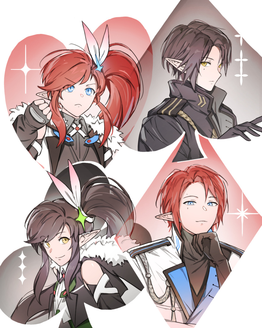 2boys 2girls black_hair blue_eyes brother_and_sister elf highres long_hair looking_at_viewer looking_to_the_side lord_of_heroes lyn_blake lyn_blake_(earth) matching_outfit mikhail_blake mikhail_blake_(earth) mole mole_under_eye multiple_boys multiple_girls pale_skin pointy_ears redhead short_hair siblings side_ponytail taenja_loh yellow_eyes