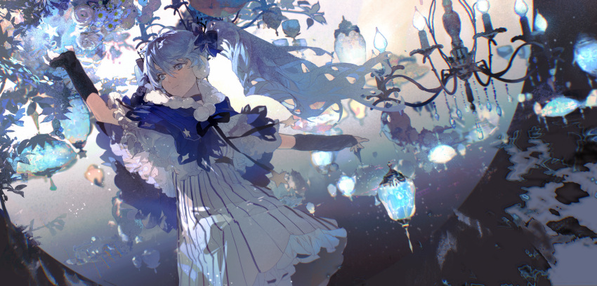 1girl arm_up bangs black_gloves blue_bow blue_cape blue_eyes blue_theme bow candlestand cape capelet closed_mouth commentary dress elbow_gloves eyebrows_visible_through_hair fingerless_gloves frilled_dress frills fur-trimmed_capelet fur_trim gloves hair_between_eyes hair_bow hatsune_miku highres light_particles lobelia_(saclia) long_hair smile solo standing star_(symbol) striped striped_dress twintails vertical-striped_dress vertical_stripes vocaloid white_dress