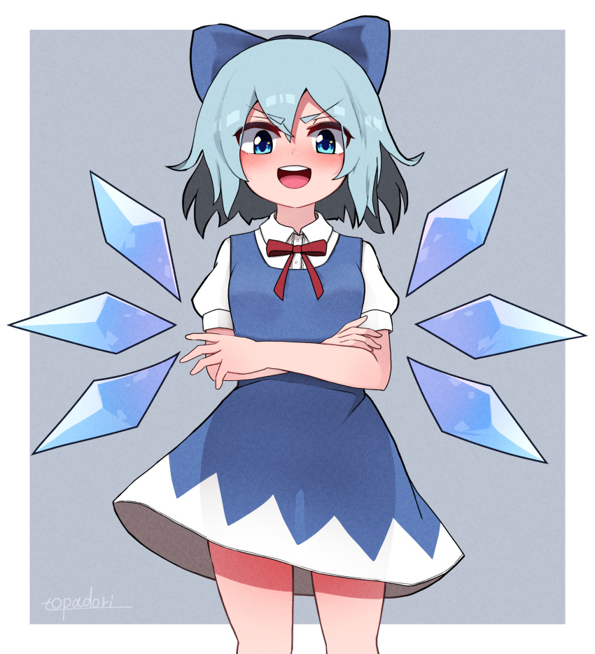 1girl artist_name blue_bow blue_dress blue_eyes blue_hair blush border bow cirno collared_shirt crossed_arms detached_wings dress eyebrows_visible_through_hair fairy feet_out_of_frame hair_between_eyes hair_bow highres ice ice_wings open_mouth puffy_short_sleeves puffy_sleeves round_teeth shirt short_hair short_sleeves signature smile solo teeth topadori touhou upper_teeth white_border white_shirt wings