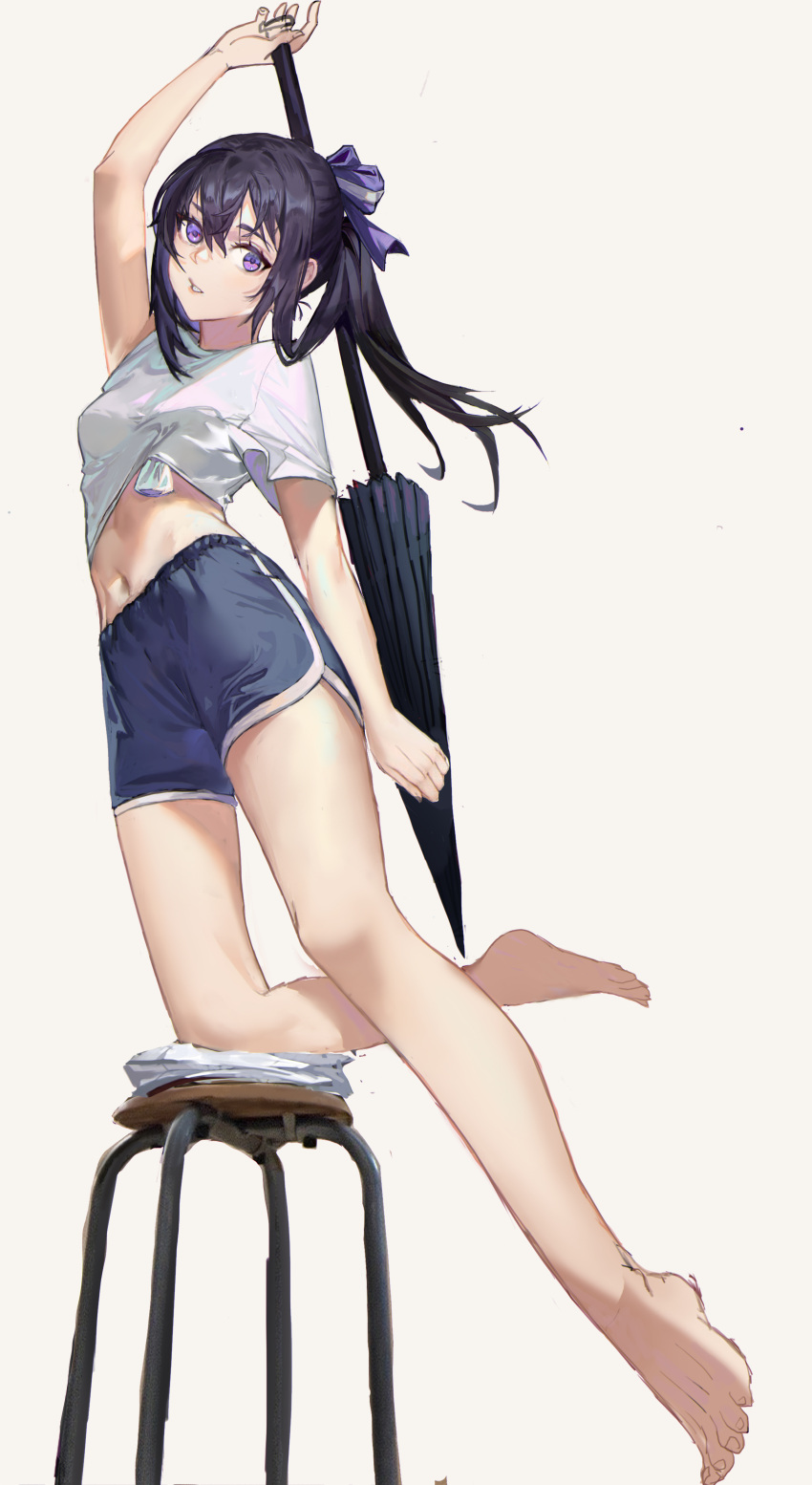 1girl absurdres arm_up bangs bare_legs barefoot black_hair blue_shorts bow breasts casual chinese_commentary clothes_lift commentary dolphin_shorts duzizai eyebrows_behind_hair feet hair_between_eyes hair_bow highres holding holding_umbrella legs looking_at_viewer medium_hair midriff original purple_bow shirt shirt_lift shorts simple_background small_breasts solo stool tied_hair umbrella violet_eyes white_shirt yellow_background