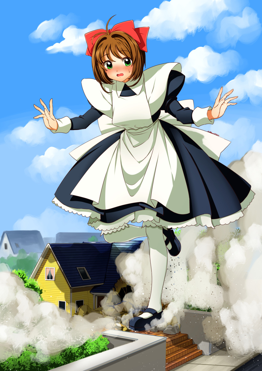 1girl absurdres antenna_hair black_dress black_footwear blue_sky bow brown_hair cardcaptor_sakura clouds commission destruction dress eudetenis frilled_dress frills giant giantess green_eyes hair_bow highres house juliet_sleeves kinomoto_sakura light_blush long_sleeves looking_at_viewer mary_janes open_mouth pantyhose puffy_sleeves red_bow shoes short_hair sky solo sweatdrop white_legwear