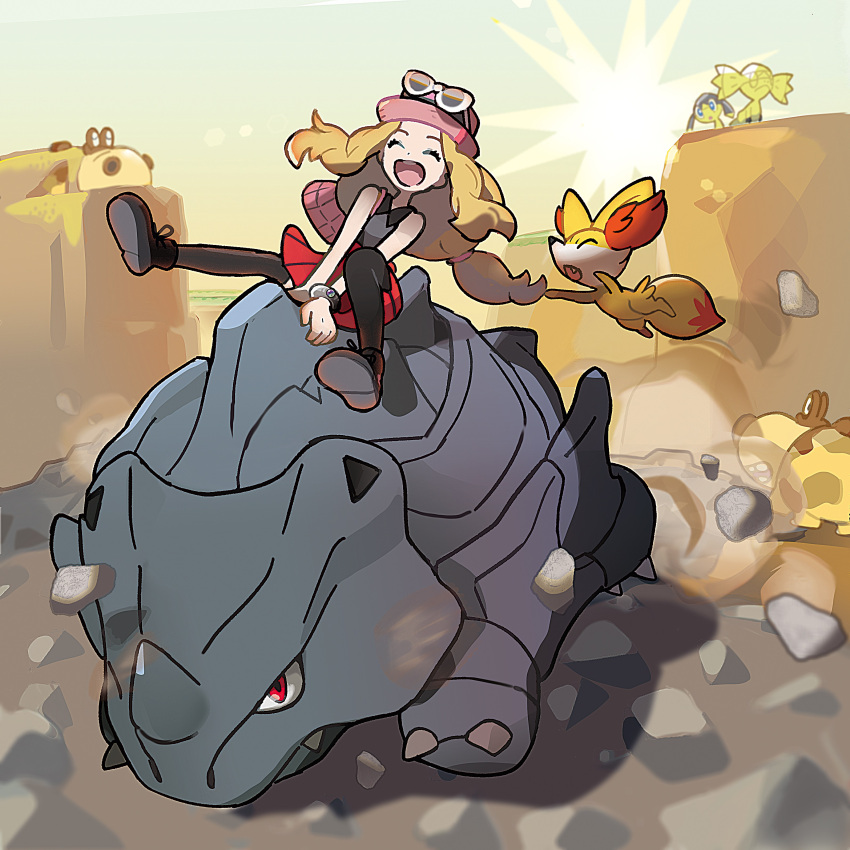 1girl absurdres bag black_footwear bracelet collared_shirt commentary_request day eyewear_on_headwear fennekin handbag hat helioptile highres hippopotas jewelry long_hair official_art outdoors pink_bag pink_headwear pokemon pokemon_(creature) pokemon_(game) pokemon_xy red_skirt rhyhorn riding riding_pokemon serena_(pokemon) shirt shoes sitting skirt sleeveless sleeveless_shirt sunglasses thigh-highs white-framed_eyewear