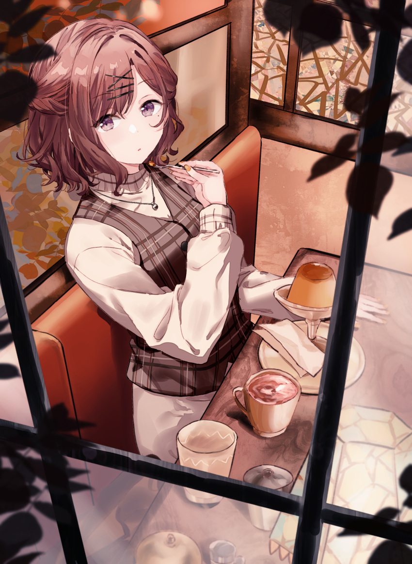 1girl absurdres braid brown_hair brown_vest chopsticks coffee coffee_cup cup disposable_cup food gocoli hair_ornament hairclip highres higuchi_madoka holding holding_chopsticks idolmaster idolmaster_shiny_colors indoors jewelry looking_at_viewer mole mole_under_eye nail_polish necklace parted_lips restaurant short_hair sitting solo sweater vest violet_eyes x_hair_ornament