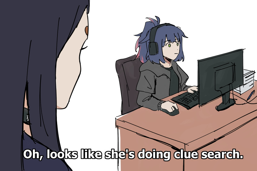 2girls arknights bakmi_(mkn_bkm) black_hair black_shirt blue_hair chair closed_mouth commentary dobermann_(arknights) english_commentary english_text green_eyes grey_jacket highres jacket jessica_(arknights) keyboard_(computer) long_hair long_sleeves meme monitor mouse_(computer) multicolored_hair multiple_girls office_chair pink_hair ponytail shirt simple_background sitting streaked_hair white_background