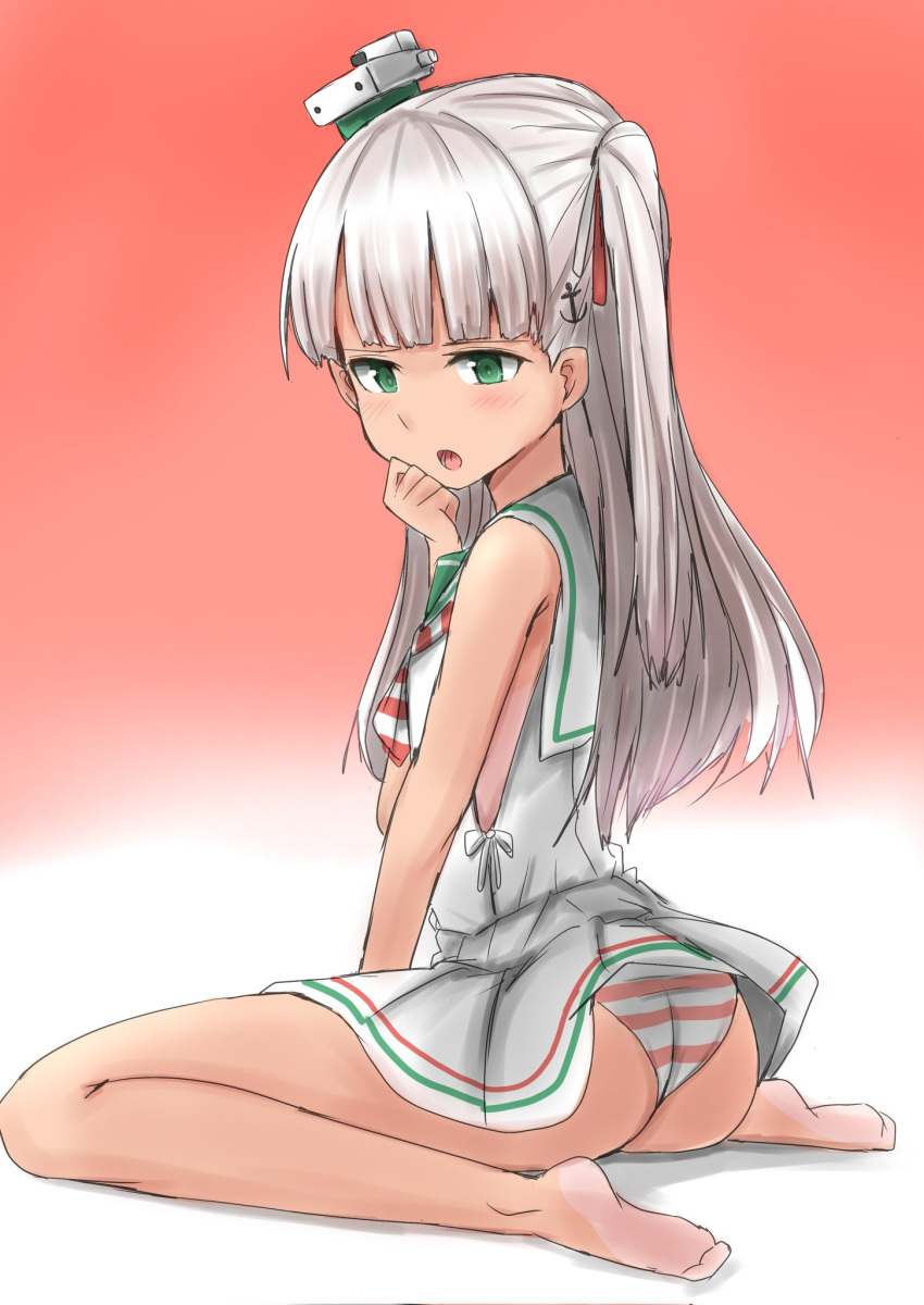 1girl armpit_cutout ascot between_legs blush clothing_cutout commentary dress green_eyes green_stripes hair_ribbon hand_between_legs hand_on_own_cheek hand_on_own_face highres kamaboko_senshi kantai_collection long_hair looking_back looking_down maestrale_(kancolle) open_mouth panties pantyshot red_stripes ribbon side_ponytail sitting sleeveless sleeveless_dress striped striped_ascot striped_panties tan underwear wariza white_dress white_hair