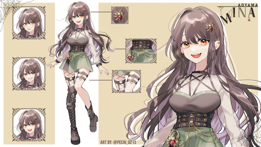 1girl asymmetrical_footwear belt black_belt black_footwear boots breasts brown_hair character_name character_sheet english_commentary fangs fishnets green_skirt hair_behind_ear highres indie_virtual_youtuber large_breasts mina_aoyama mismatched_footwear open_mouth orange_eyes pecchii second-party_source single_thigh_boot skirt smile smirk solo spider_hair_ornament thigh-highs thigh_boots thigh_strap virtual_youtuber worried