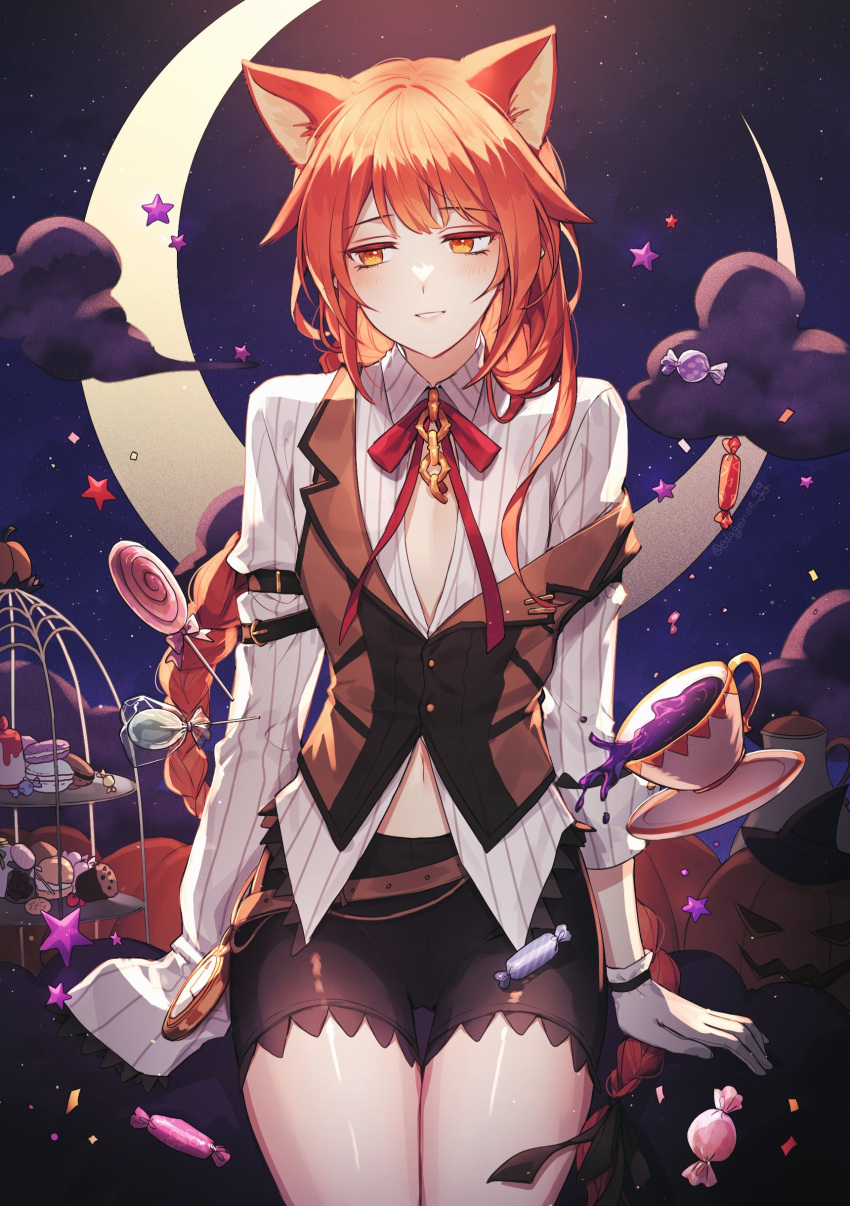 1boy absurdres androgynous animal_ears braid cat_boy cat_ears crossdressing ede halloween highres laphlaes_selkena long_hair long_sleeves looking_to_the_side lord_of_heroes male_focus orange_eyes pale_skin redhead short_shorts shorts thick_thighs thighs