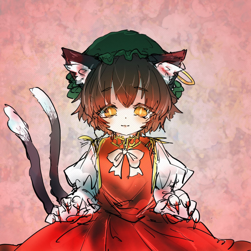 1girl animal_ear_fluff bangs blush bow bowtie bright_pupils brown_hair cat_tail chen closed_mouth cowboy_shot dress earrings eyebrows_visible_through_hair fingernails green_headwear hat highres jewelry juliet_sleeves light_smile long_sleeves looking_at_viewer maki_(osobabouro) mob_cap multiple_tails nail_polish nekomata orange_eyes pink_background puffy_sleeves red_dress red_nails sharp_fingernails short_hair simple_background single_earring slit_pupils solo tail touhou two_tails white_bow white_bowtie