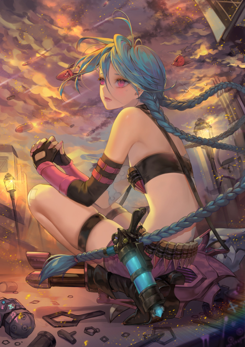 1girl absurdres ammunition arm_strap arm_tattoo back_tattoo bandaid bandaid_on_knee bandaid_on_leg bandolier bangs black_footwear blue_hair boots braid bullet clouds cloudy_sky commentary crop_top destruction elbow_gloves english_commentary fingerless_gloves fishbones_(jinx) flat_chest floating_hair flying_teardrops from_side full_body gatling_gun gloves graffiti grey_sky gun hayanpool highres holstered_weapon jinx_(league_of_legends) lamppost league_of_legends long_hair looking_afar minigun missile nut_(hardware) own_hands_together parted_lips pink_eyes pink_nails purple_shorts revision rocket rocket_launcher screw short_shorts shorts sky solo squatting tattoo tears thigh_strap twin_braids very_long_hair weapon