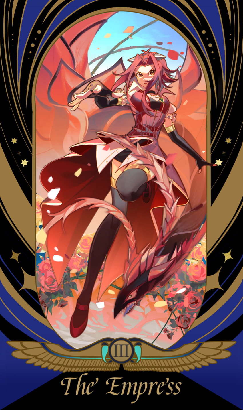 1girl absurdres black_rose_dragon border breasts duel_monster english_text flower foreshortening full_body highres izayoi_aki long_hair looking_at_viewer petals redhead revision roman_numeral rose sidelocks solo_focus ssbaby tarot the_empress_(tarot) thigh-highs yu-gi-oh! yu-gi-oh!_5d's