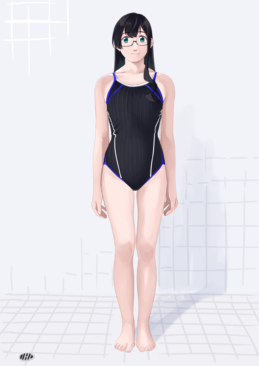 1girl absurdres barefoot black_hair black_swimsuit breasts collarbone competition_swimsuit full_body green_eyes hairband highres kantai_collection long_hair looking_at_viewer multicolored_clothes multicolored_swimsuit ojipon one-piece_swimsuit ooyodo_(kancolle) semi-rimless_eyewear small_breasts solo swimsuit tile_floor tile_wall tiles under-rim_eyewear white_hairband