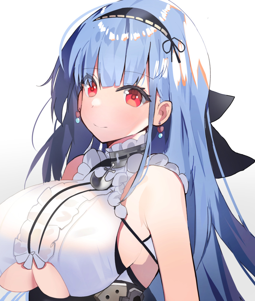 1girl aa44 anchor_symbol azur_lane bare_shoulders blue_hair breasts center_frills collar commentary dido_(azur_lane) ear_piercing frilled_shirt frills highres huge_breasts long_hair metal_collar piercing red_eyes shirt simple_background solo under_boob upper_body white_background white_shirt