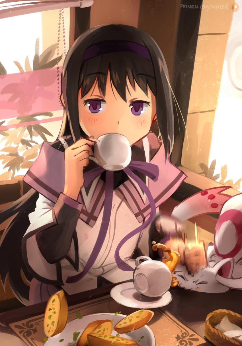 1girl absurdres akemi_homura bangs black_hair black_undershirt blinds blush bread_slice coffee_cup commentary cup day disposable_cup drinking english_commentary eyebrows_visible_through_hair foliage hairband highres hitting holding holding_cup indoors khyle. kyubey long_hair long_sleeves looking_ahead mahou_shoujo_madoka_magica multicolored_shirt napkin napkin_holder patreon_username placemat plate pleated_skirt purple_hairband purple_shirt purple_skirt shirt sidelocks sitting skirt table very_long_hair violet_eyes white_shirt window wing_collar