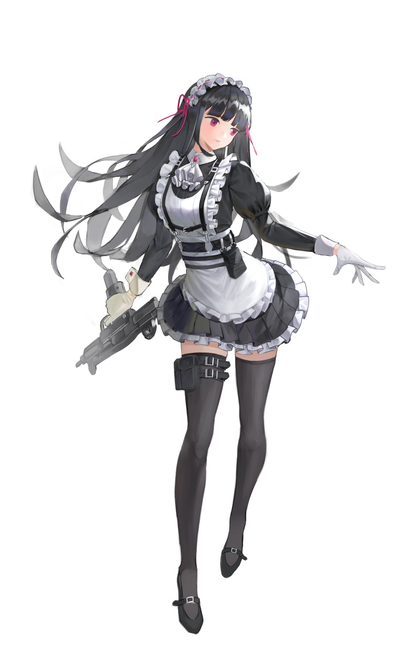1girl absurdres apron ascot bangs black_footwear black_hair black_legwear blunt_bangs commentary english_commentary floating_hair frilled_apron frilled_skirt frills full_body geulemaen gloves gun hair_ribbon highres long_hair looking_away looking_to_the_side machine_pistol maid_apron maid_headdress original red_eyes red_ribbon ribbon simple_background skirt solo thigh-highs thigh_pouch thigh_strap thighs very_long_hair weapon white_background white_gloves