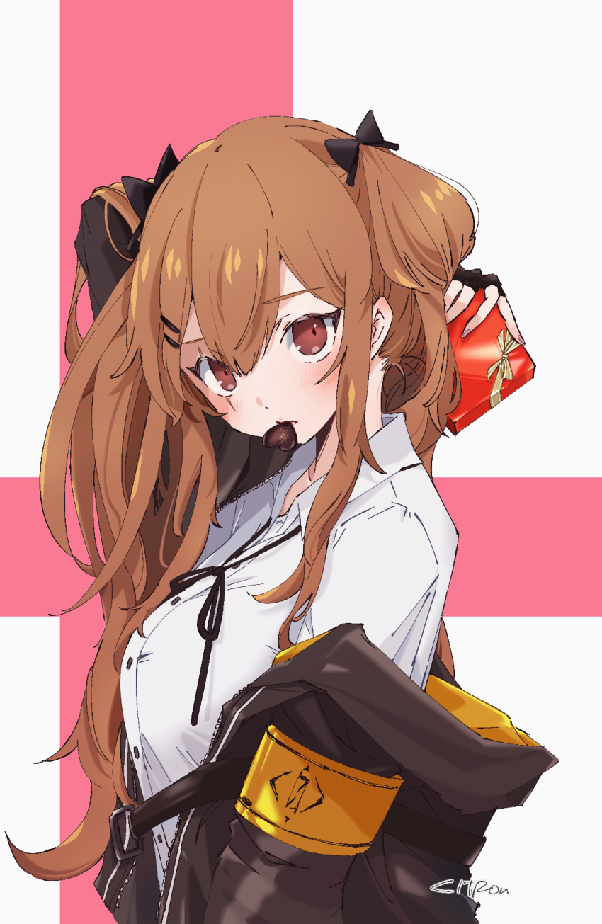 1girl 404_logo_(girls'_frontline) arm_up armband artist_name bangs black_gloves black_jacket blush bow box box_of_chocolates breasts brown_eyes brown_hair candy chocolate citron80citron collared_shirt commentary english_commentary eyebrows_visible_through_hair fingerless_gloves food food_in_mouth from_side gift girls_frontline gloves hair_between_eyes hair_bow hair_ornament hairclip heart heart-shaped_chocolate highres holding holding_gift jacket long_hair looking_at_viewer medium_breasts mouth_hold neck_ribbon off_shoulder open_clothes open_jacket ribbon scar scar_across_eye shirt simple_background solo twintails ump9_(girls'_frontline) upper_body valentine white_shirt