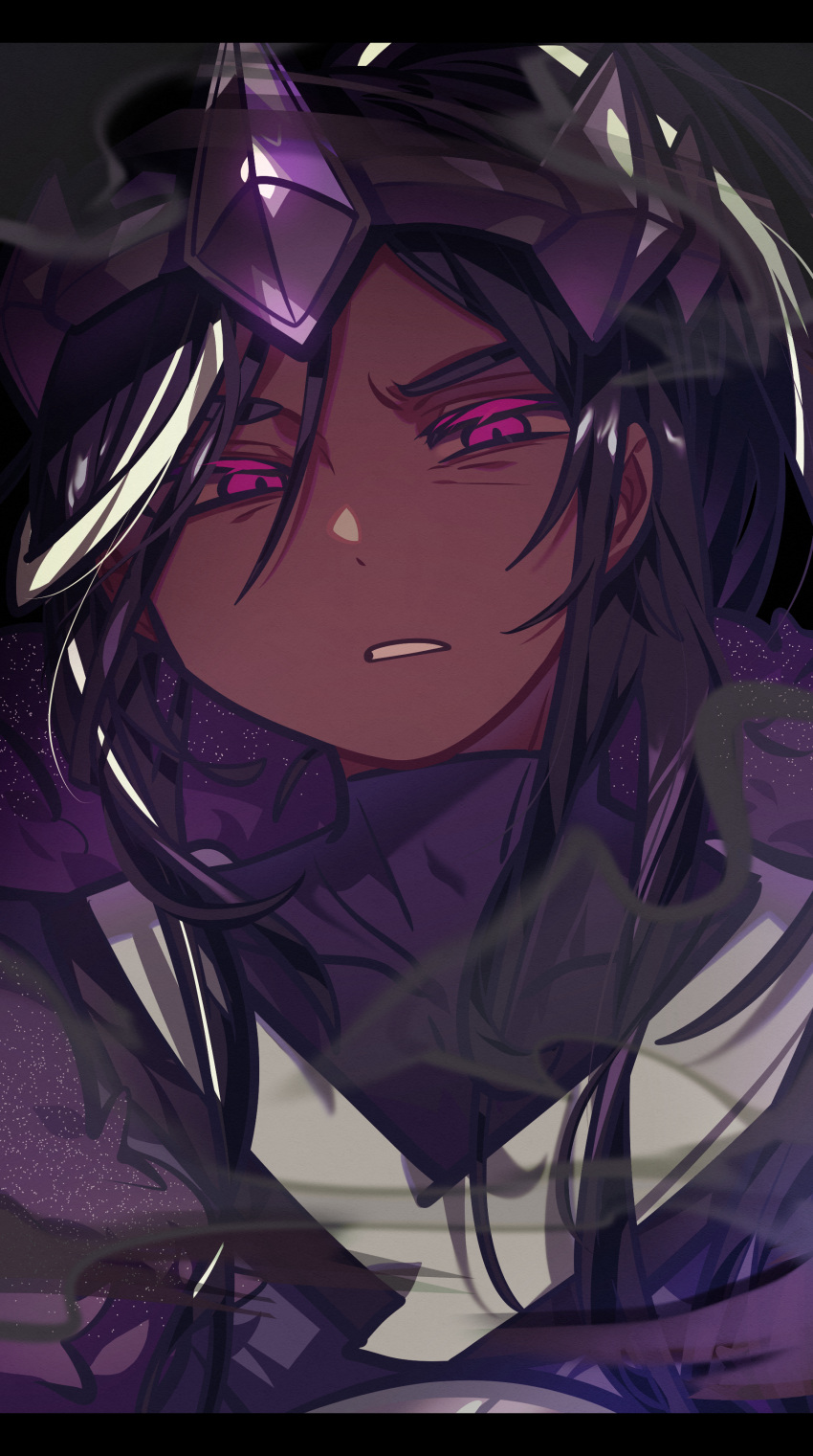 1boy absurdres black_hair collarbone colored_eyelashes cookie_run crown dark_cacao_cookie dark_skin highres letterboxed long_hair looking_at_viewer male_focus mature_male omoyu_(nakyu715) parted_lips smoke solo turtleneck violet_eyes