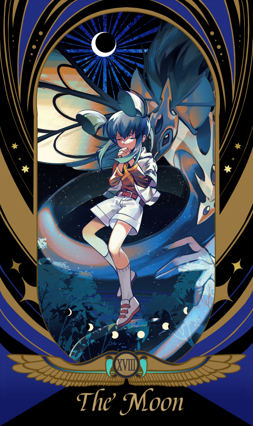 1girl absurdres ancient_fairy_dragon border dragon duel_monster english_text full_body full_moon highres interlocked_fingers luca_(yu-gi-oh!) moon own_hands_clasped own_hands_together palms_together praying revision roman_numeral shoes short_hair shorts sky sneakers socks solo_focus ssbaby star_(sky) starry_sky tarot the_moon_(tarot) white_shorts yu-gi-oh! yu-gi-oh!_5d's