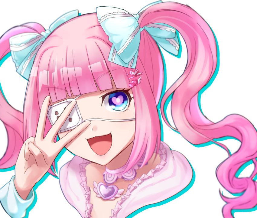 1girl :d abc03219 bangs blue_bow blunt_bangs bow character_request eyebrows_visible_through_hair eyepatch floating_hair hair_bow heart heart-shaped_pupils heart_pendant long_hair long_sleeves looking_at_viewer pink_hair portrait simple_background smile solo symbol-shaped_pupils tokyo_necro twintails white_background