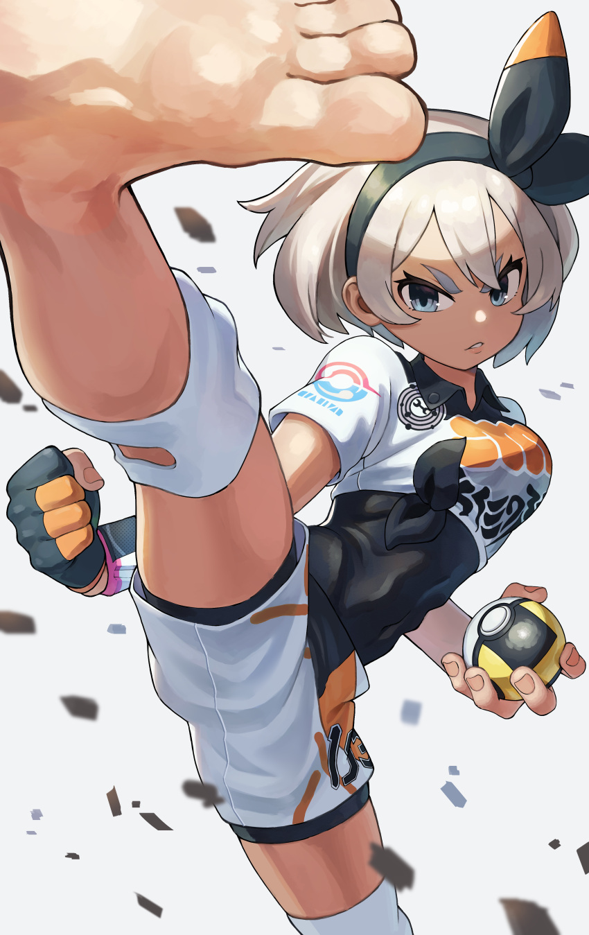 1girl absurdres bangs barefoot bea_(pokemon) black_bodysuit black_hairband blonde_hair blue_eyes bodysuit bodysuit_under_clothes bow_hairband clenched_hand collared_shirt commentary_request dynamax_band fingernails gloves hair_between_eyes hairband highres holding holding_poke_ball kicking kicking_at_viewer knee_pads leg_up parted_lips partially_fingerless_gloves po_(pockyovo) poke_ball pokemon pokemon_(game) pokemon_swsh print_shirt print_shorts shirt short_hair short_sleeves shorts single_glove smile soles solo thick_eyebrows toes ultra_ball