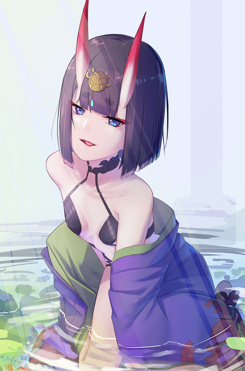 1girl absurdres bangs black_choker blue_eyes bob_cut choker collarbone eyebrows_visible_through_hair eyeliner fate/grand_order fate_(series) headpiece highres horns japanese_clothes kimono licking_lips looking_at_viewer makeup oni oni_horns open_clothes open_kimono open_mouth partially_submerged purple_hair purple_kimono revealing_clothes sawarineko short_eyebrows short_hair shuten_douji_(fate) skin-covered_horns solo tongue tongue_out water wide_sleeves