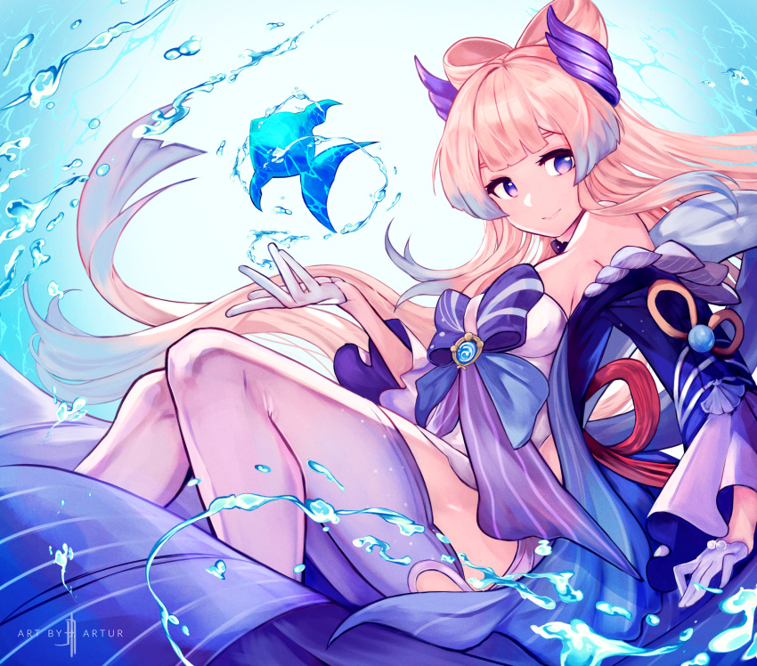 1girl bangs bare_shoulders blue_eyes blunt_bangs bow bowtie breasts fish frilled_sleeves frills genshin_impact gloves highres j._artur looking_at_viewer pink_hair sangonomiya_kokomi shorts smile solo thigh-highs underwater