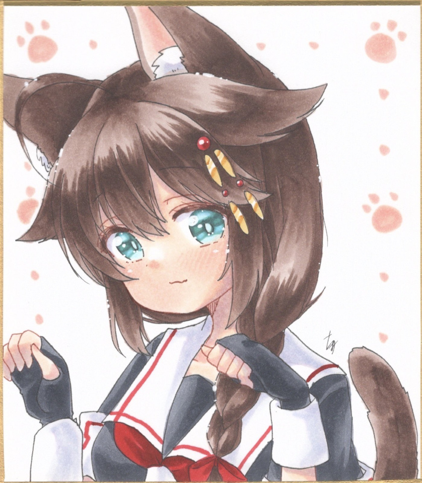 1girl ahoge animal_ear_fluff animal_ears bangs black_gloves black_serafuku blue_eyes blush braid brown_hair cat_day cat_ears cat_tail closed_mouth commentary_request fingerless_gloves gloves hair_flaps hair_ornament hair_over_shoulder highres kantai_collection kemonomimi_mode looking_at_viewer marker_(medium) neckerchief necktie paw_pose red_necktie remodel_(kantai_collection) school_uniform serafuku shigure_(kancolle) shigure_kai_ni_(kancolle) simple_background single_braid smile solo tail traditional_media upper_body yuuki_chima