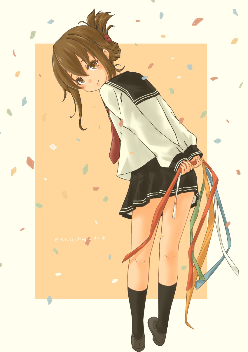 1girl absurdres arms_behind_back ascot black_legwear black_skirt blush brown_eyes brown_hair commentary confetti hair_bun hair_ornament hairclip highres holding holding_ribbon inazuma_(kancolle) kantai_collection looking_at_viewer looking_back pleated_skirt pot-de red_ascot ribbon school_uniform shoes skirt smile white_stripes