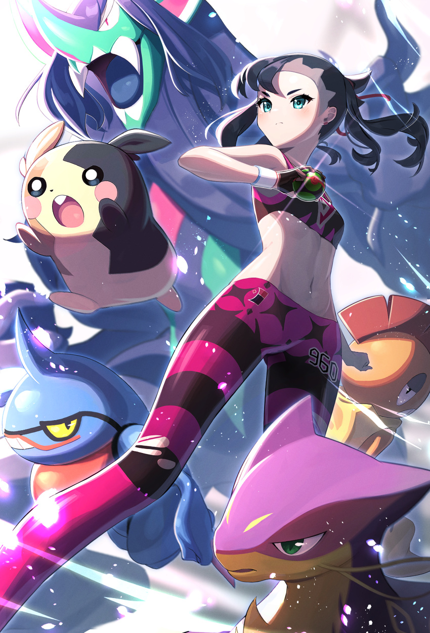 1girl absurdres asymmetrical_bangs bangs black_hair breasts closed_mouth crop_top dusk_ball dynamax_band ear_piercing feet_out_of_frame fighting_stance fingerless_gloves floating_hair gloves green_eyes grimmsnarl hair_ribbon highres holding holding_poke_ball liepard marnie_(pokemon) midriff morpeko morpeko_(full) navel official_alternate_costume pants piercing poke_ball pokemon pokemon_(creature) pokemon_(game) pokemon_swsh ribbon scrafty single_fingerless_glove small_breasts sports_bra stomach takom tight tight_pants torn_clothes torn_legwear toxicroak twintails two_side_up