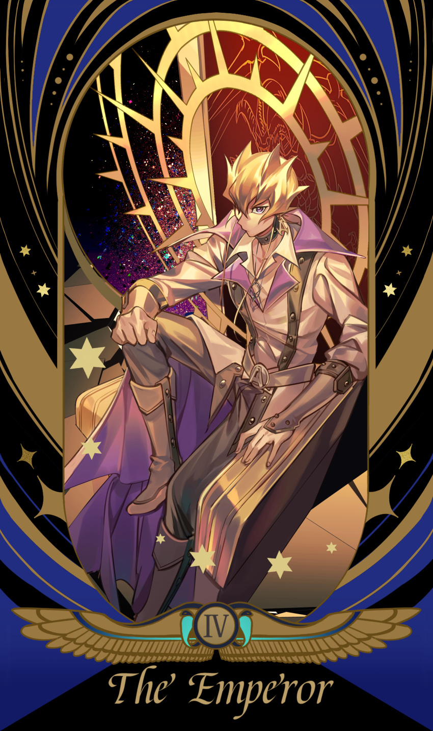 1boy absurdres belt border coat earrings english_text from_above full_body grey_belt highres jack_atlas jewelry male_focus necklace open_clothes open_coat partially_unbuttoned revision roman_numeral shirt short_hair sitting solo ssbaby tarot the_emperor_(tarot) throne white_shirt yu-gi-oh! yu-gi-oh!_5d's